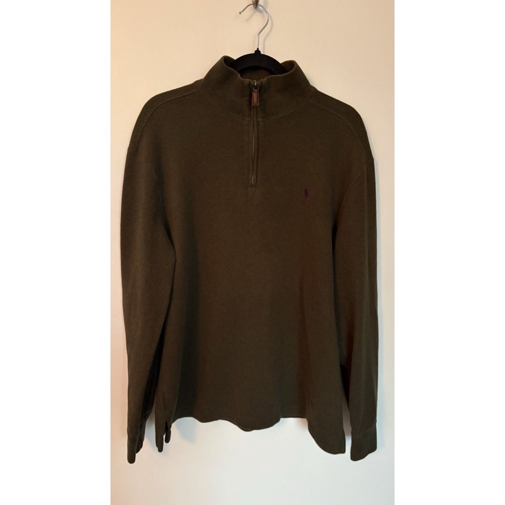 VTG 90s Polo Ralph Lauren Mens Sz L Olive Green Knit 1/4 Zip Sweater Purple Pony